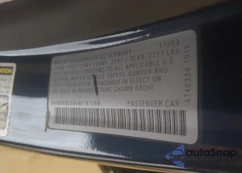 2004 Volkswagen Passat Glx z USA, uszkodzony, nr VIN WVWWH63B44E181289